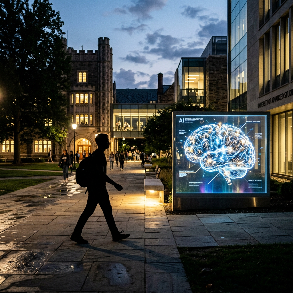 Silhouette of student walking near illuminated digital brain display on campus at twilight