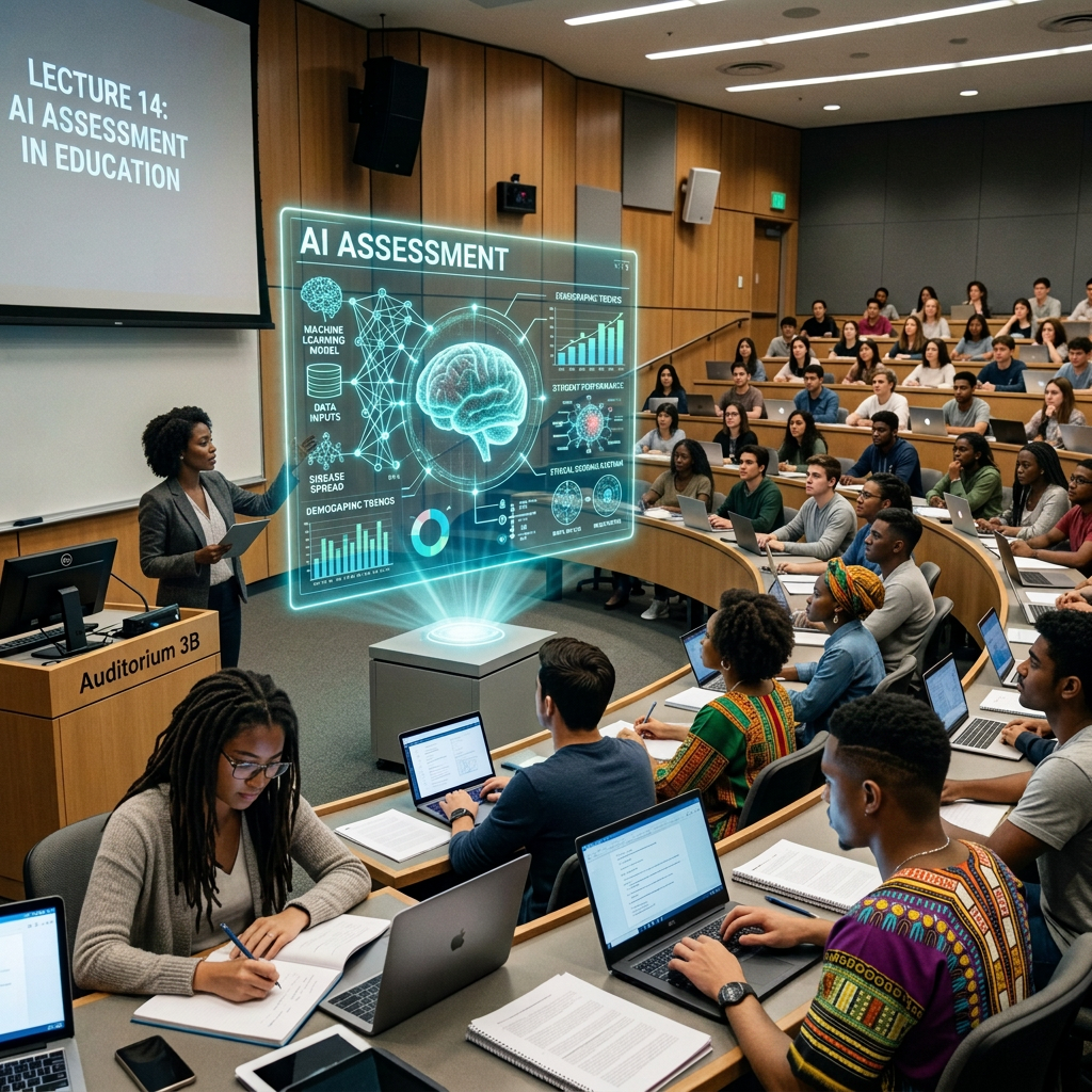 Professor giving lecture on AI applications in healthcare with holographic display and attentive students with laptops
